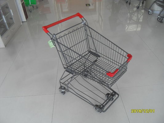 چین سوپرمارکت 4 چرخ سبد خرید با سیستم پایه 45L و نوار دستگیره قرمز کارخانه